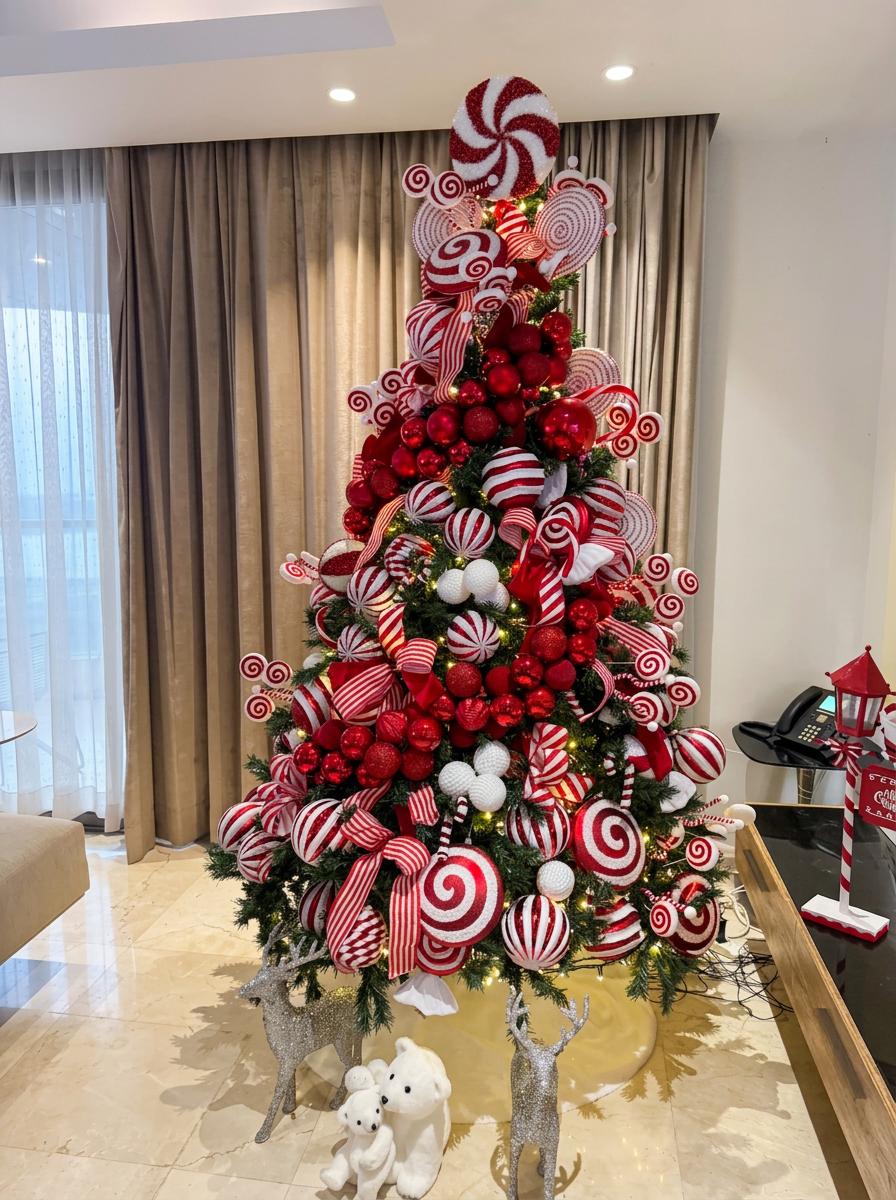 Christmas tree styled with a heavy concentration of red and white peppermint-themed ornaments, candy swirls, and red velvet baubles