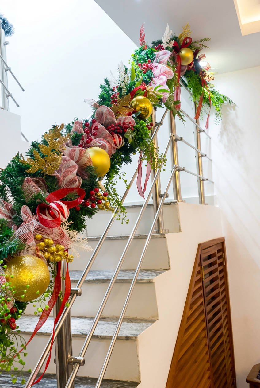 Staircase banister dressed with a lush evergreen garland featuring gold baubles and red mesh ribbon