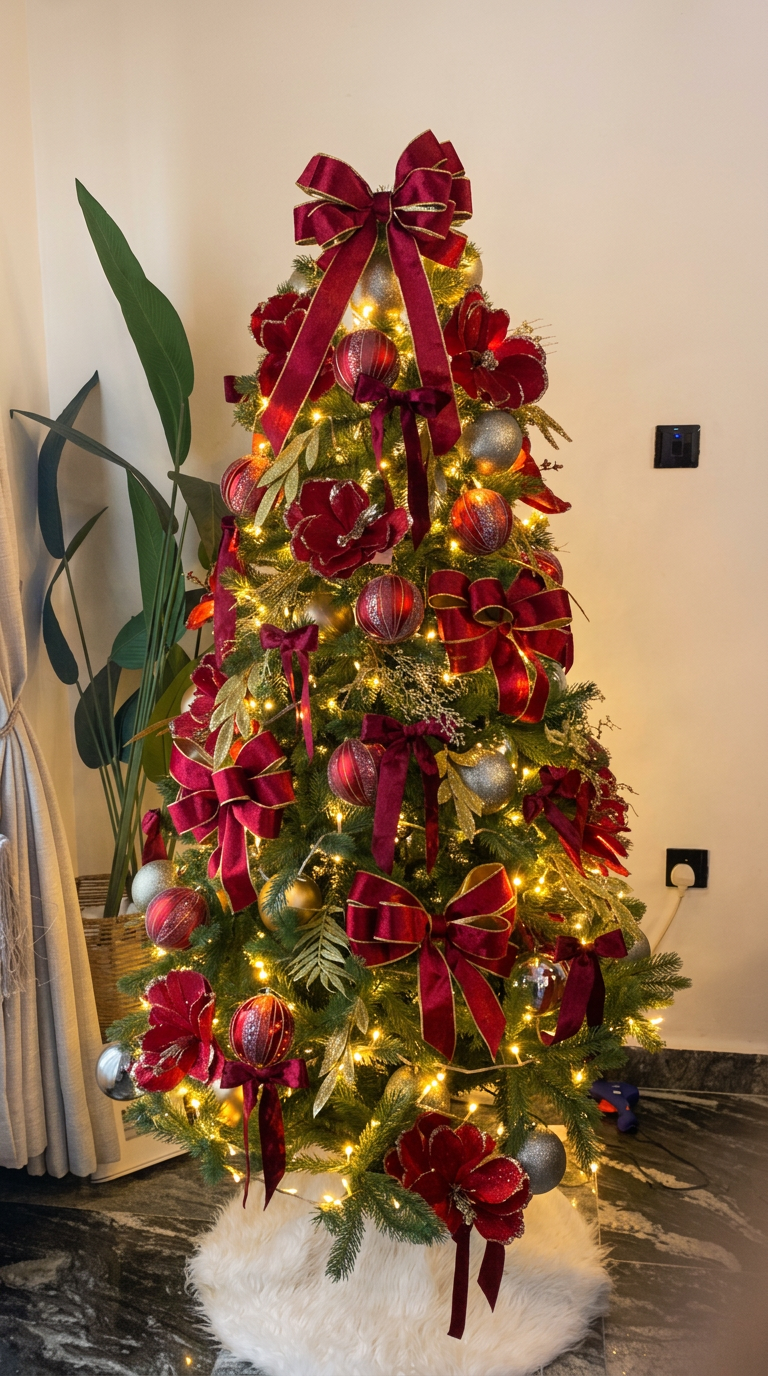 Full-length view of a Christmas tree styled with deep burgundy velvet bows, silver ornaments, and warm white lights