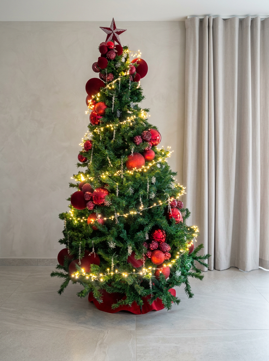 Classic Crimson Christmas tree styling by Benna Interior