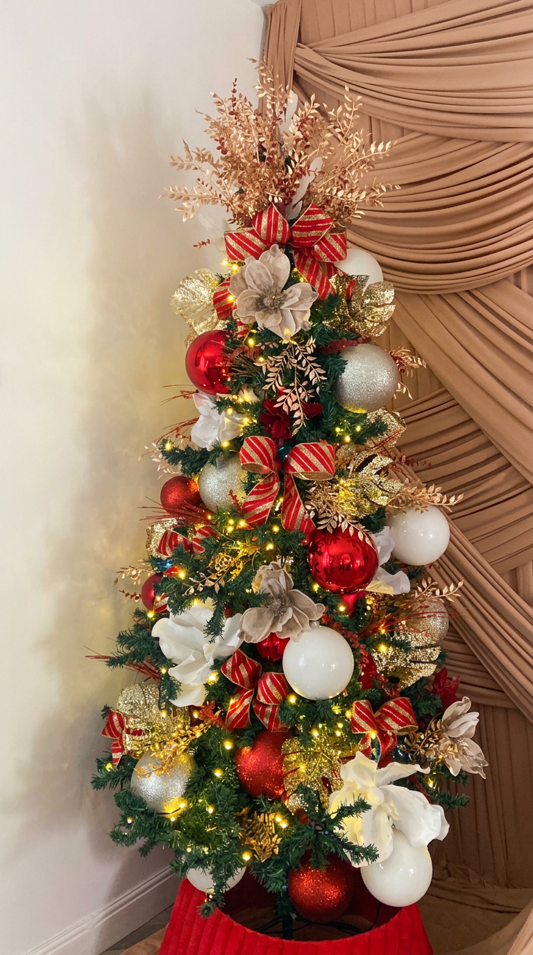 Completed Christmas tree styling with gold botanical sprays, red and gold striped bows, white magnolias and red, white and silver baubles